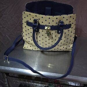 Cream and Blue Satchel with Polka Dot Design